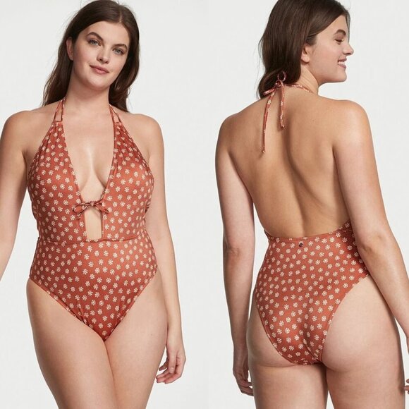 New! Victoria's Secret Swim Brown Daisy Plunge One Piece Swimsuit 3872 - Picture 8 of 8